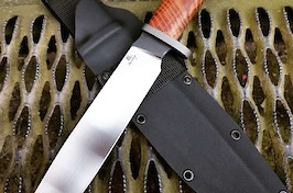 Large hunting knife for African game, made in CPM 3V, titanium guard and stabilised redwood handle